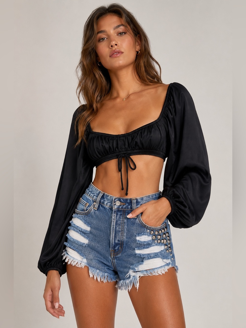 Princess Polly Black Tie Front Bustier Crop Top Balloon Sleeve 4